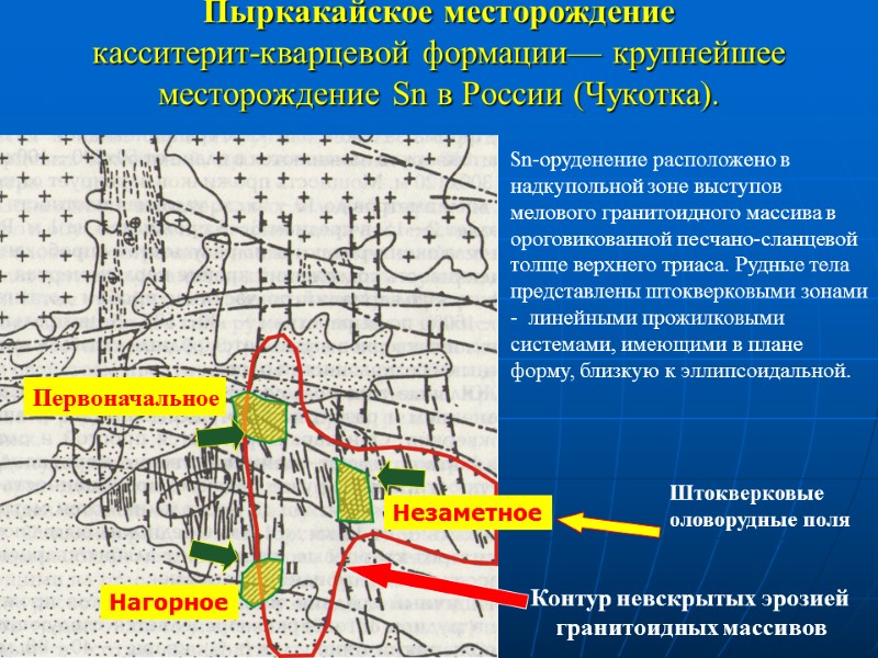 Пыркакайское месторождение  касситерит-кварцевой формации— крупнейшее месторождение Sn в России (Чукотка). Контур невскрытых эрозией